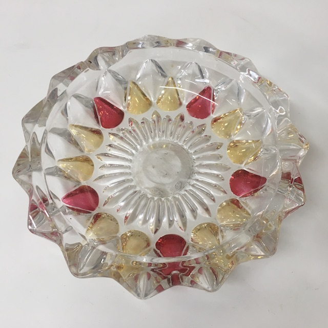 ASHTRAY, Cut Glass w Coloured Detail